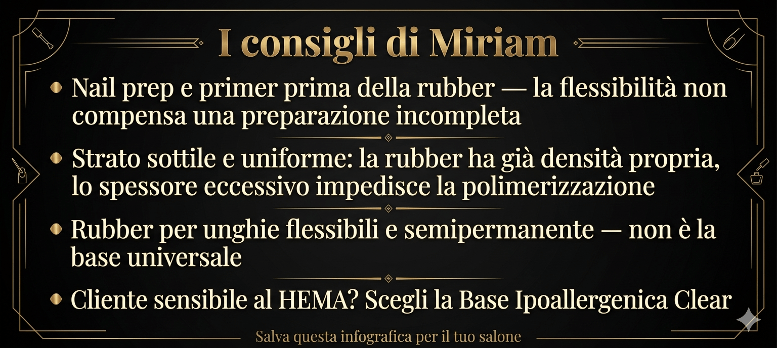 infografica "I consigli di Miriam" sull'applicazione corretta della base rubber per unghie gel